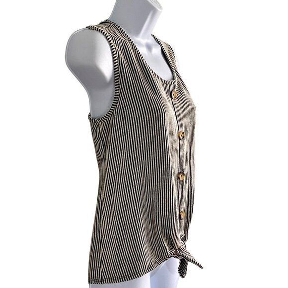 Ava James Black White Striped Sleeveless Top Front Tie Faux Buttons Medium NEW - Picture 4 of 10